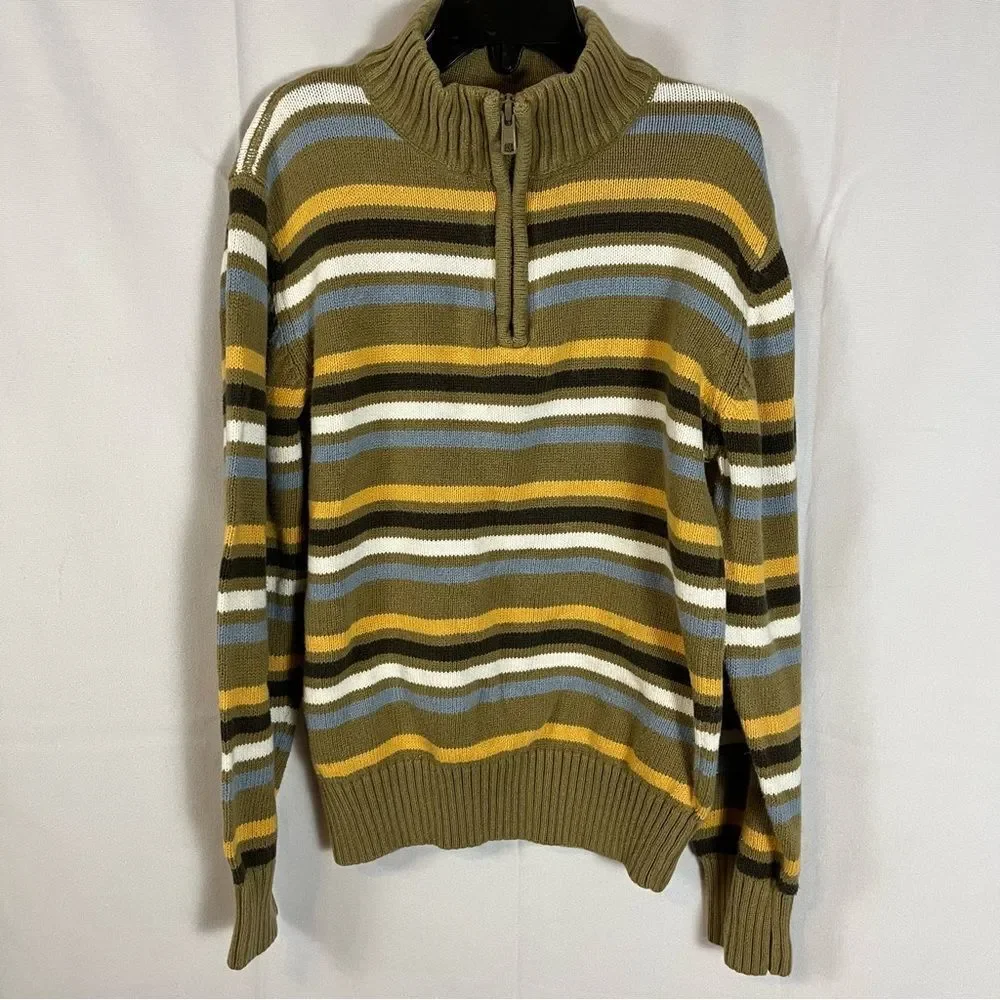 GYMBOREE Boys Long Sleeve Quarter Zip Striped Cotton Sweater Khaki & Blue M-7-8